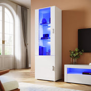 Tall LED Display Cabinet in White High Gloss with Glass Shelves 187cm