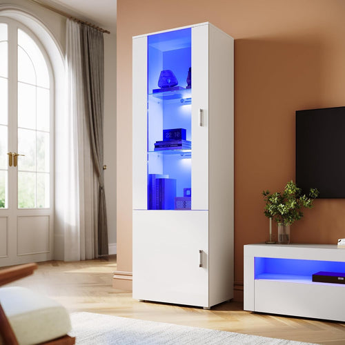 Tall LED Display Cabinet in White High Gloss with Glass Shelves 187cm