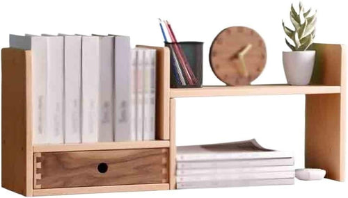 Adjustable Desktop Bookshelf Wooden Expandable Organizer Shelf w/ Drawer