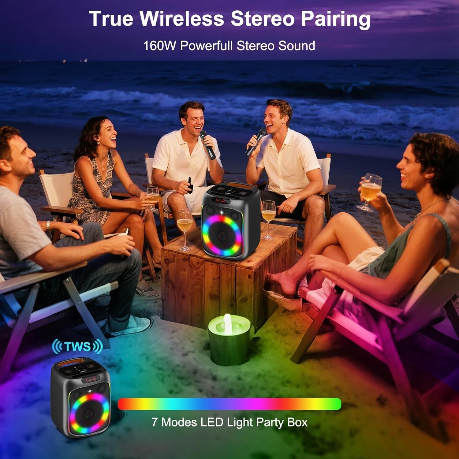 80W Portable Bluetooth Karaoke Machine 2 Wireless Mics LED Lights