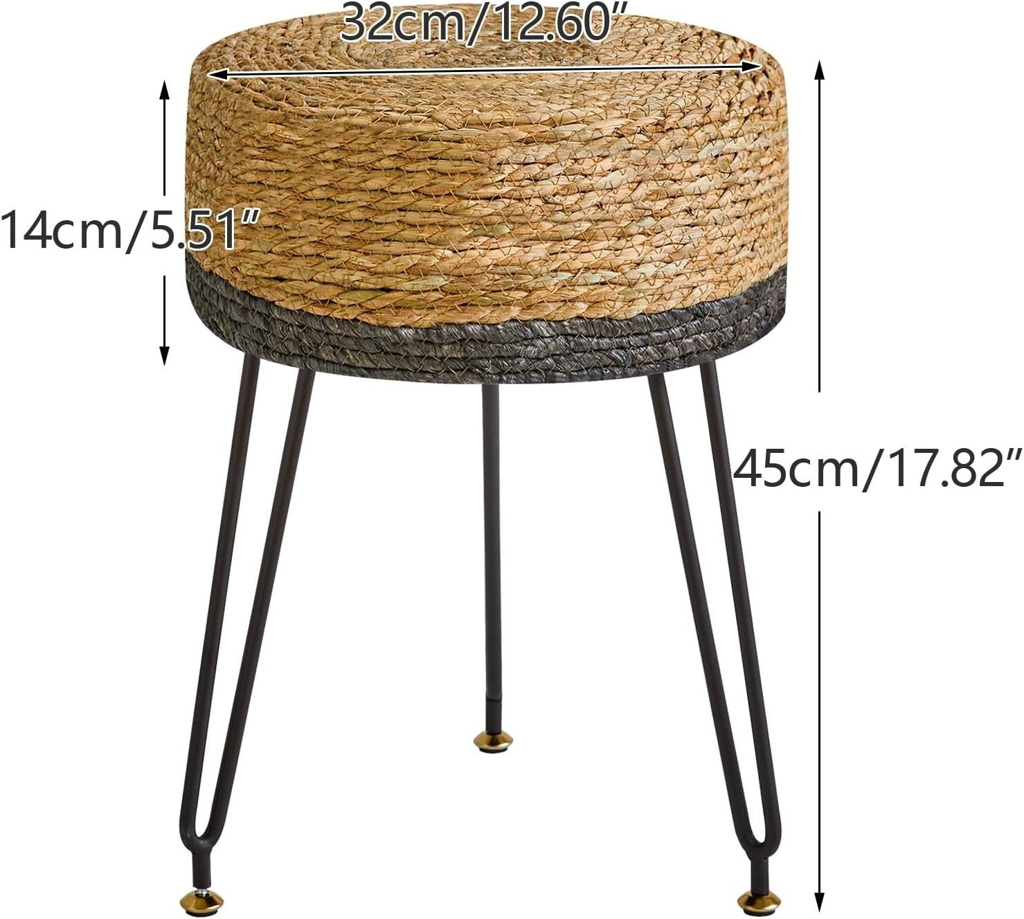 Black Seagrass Woven Footstool Pastoral Round Stool Metal Legs 32×32×45cm