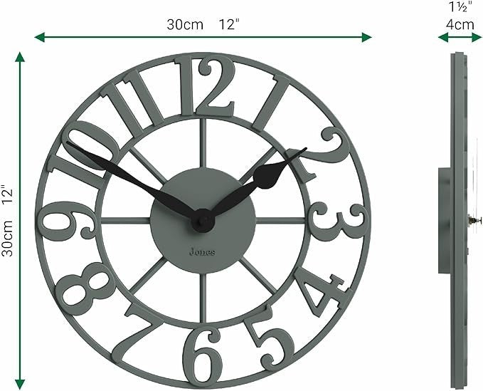 30cm Green Skeleton Wall Clock Silent Modern Raised Numerals Stylish Home Decor