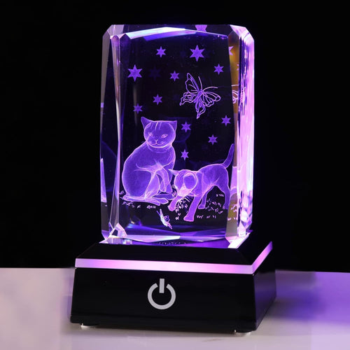 3D Crystal Cat & Butterfly Light Ornament • LED Colour-Changing Glass Gift Decor