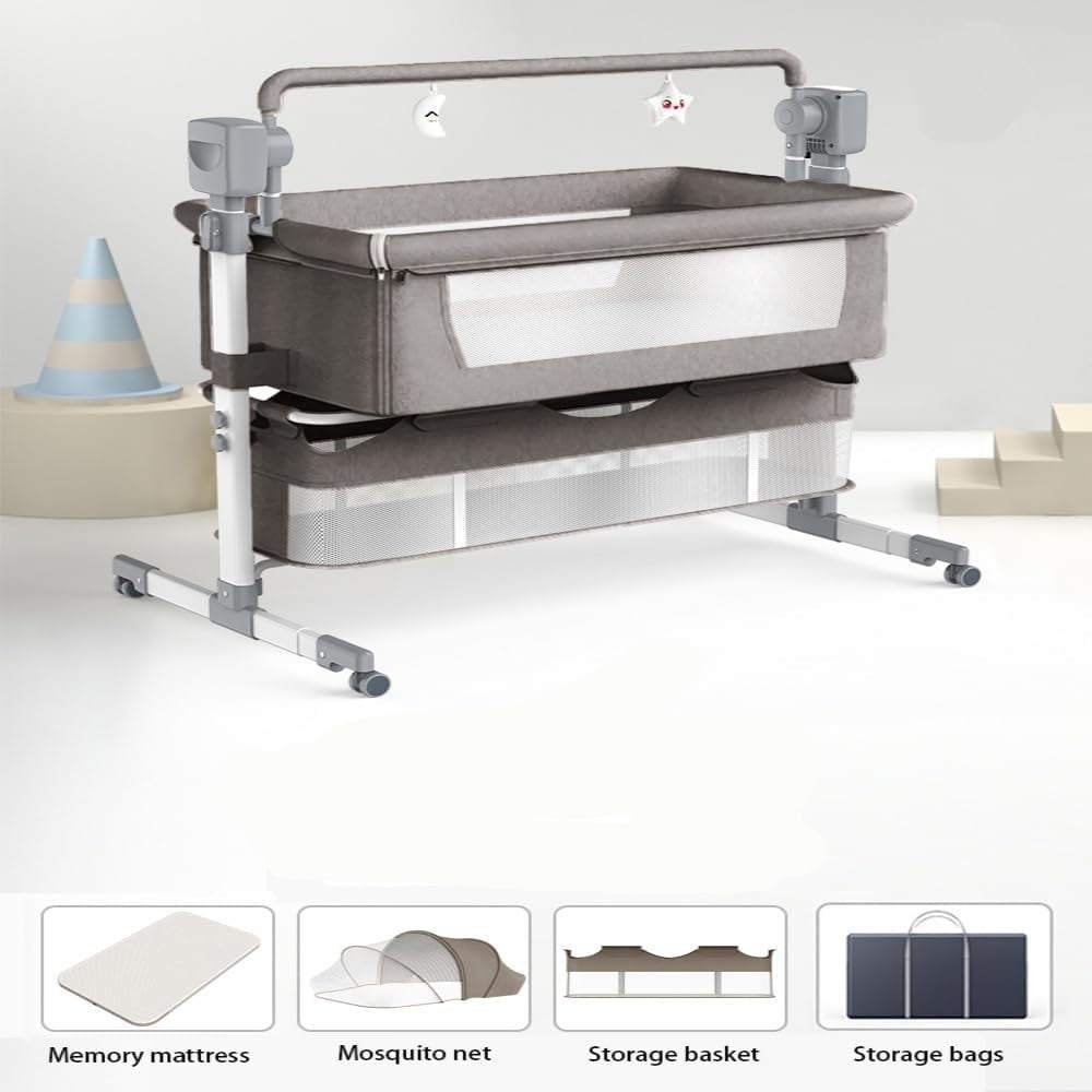 Adjustable Baby Bedside Crib Electric Co-Sleeper w/ Mattress Storage Light Grey