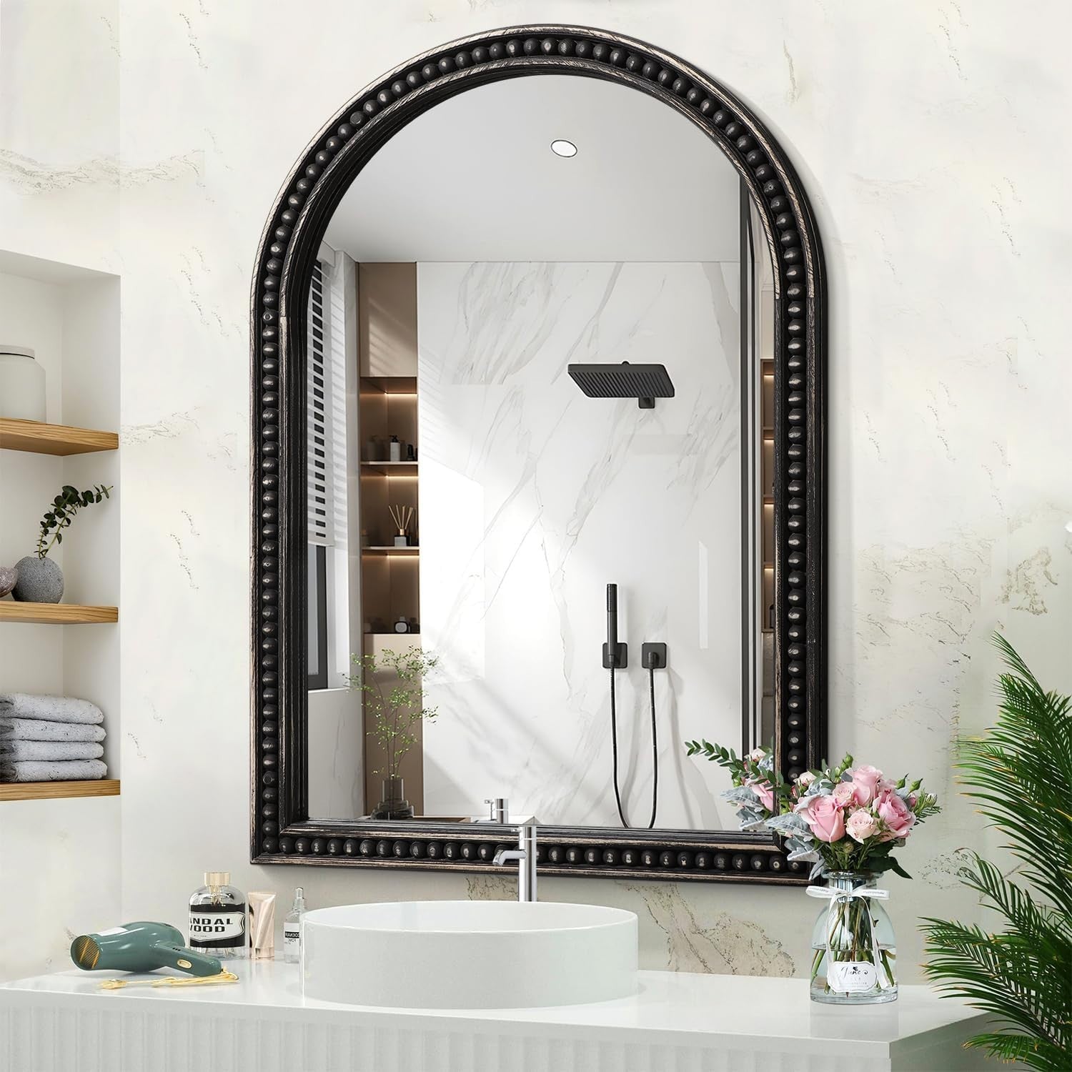 Luxury Arch Wall Mirror 90x60cm Black Wood Frame Bathroom Vanity Decor