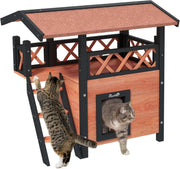 Outdoor Two-Tier Wooden Cat House with Balcony & Asphalt Roof, Weatherproof
