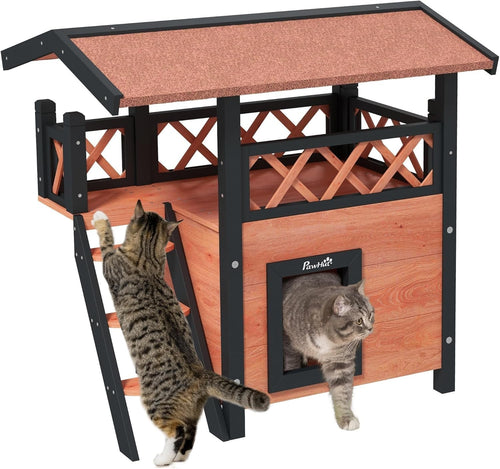 Outdoor Two-Tier Wooden Cat House with Balcony & Asphalt Roof, Weatherproof
