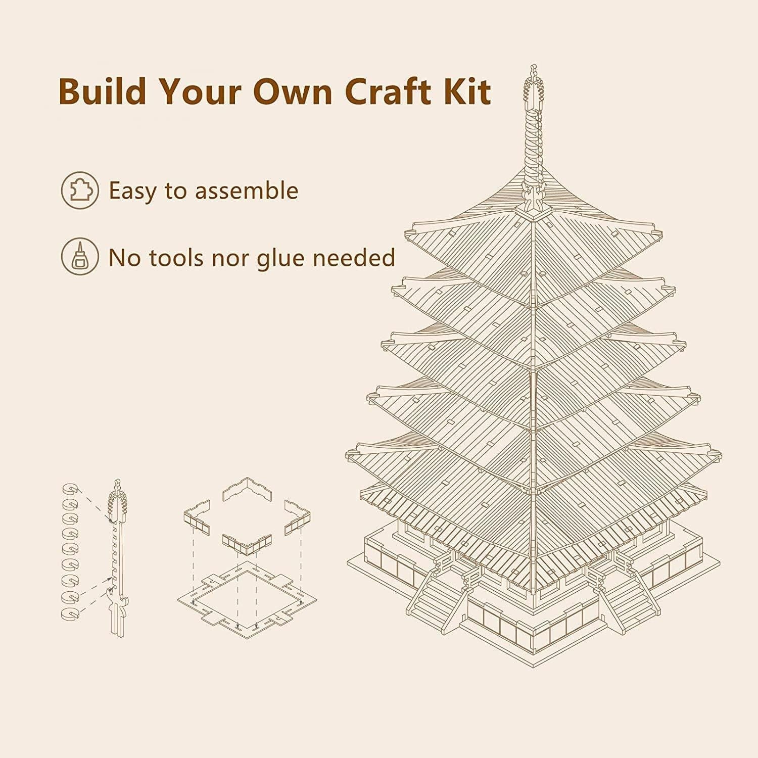 3D Wooden Pagoda Puzzle Japanese Temple Model Kit DIY Home Decor