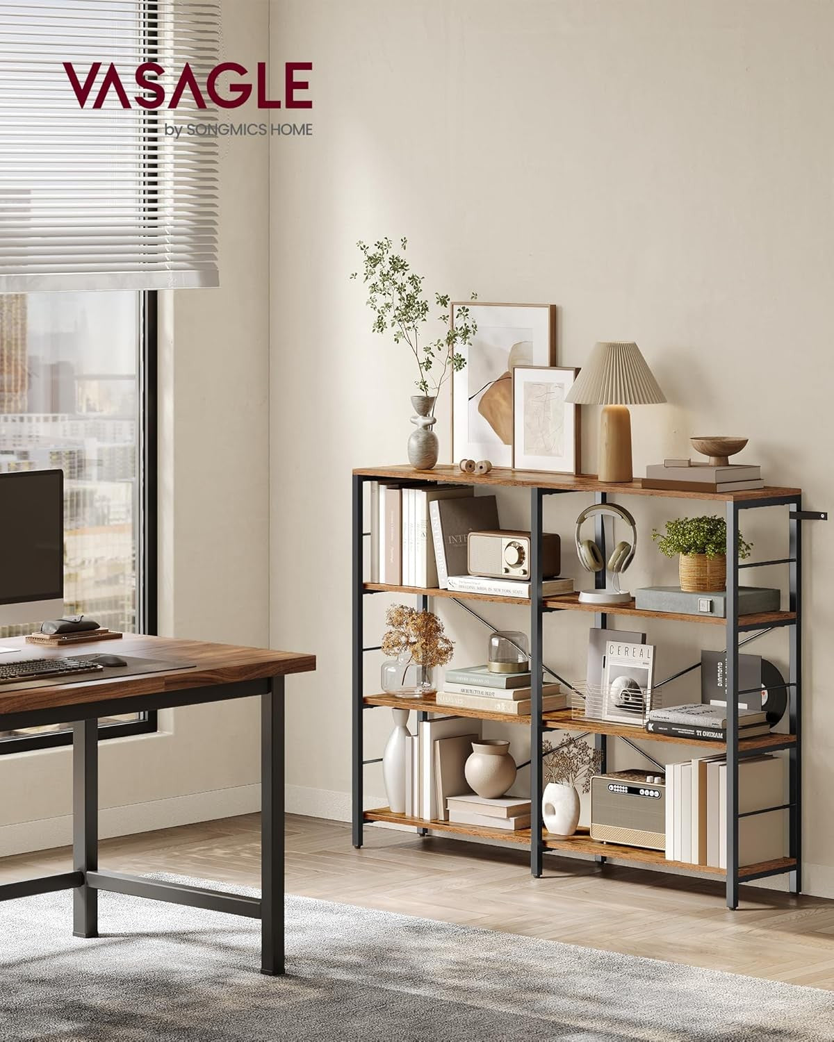 Industrial 4-Tier Wide Bookcase | Large Rustic Storage Shelf Room Divider 120cm