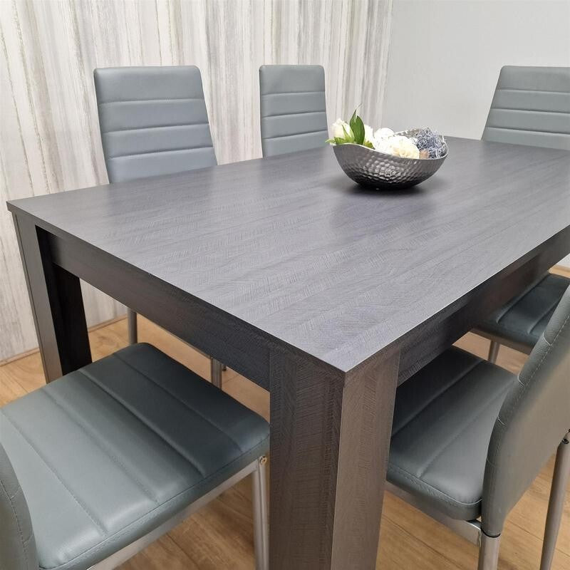 Dark Grey Dining Table Set with 6 Faux Leather Chairs Modern Kitchen