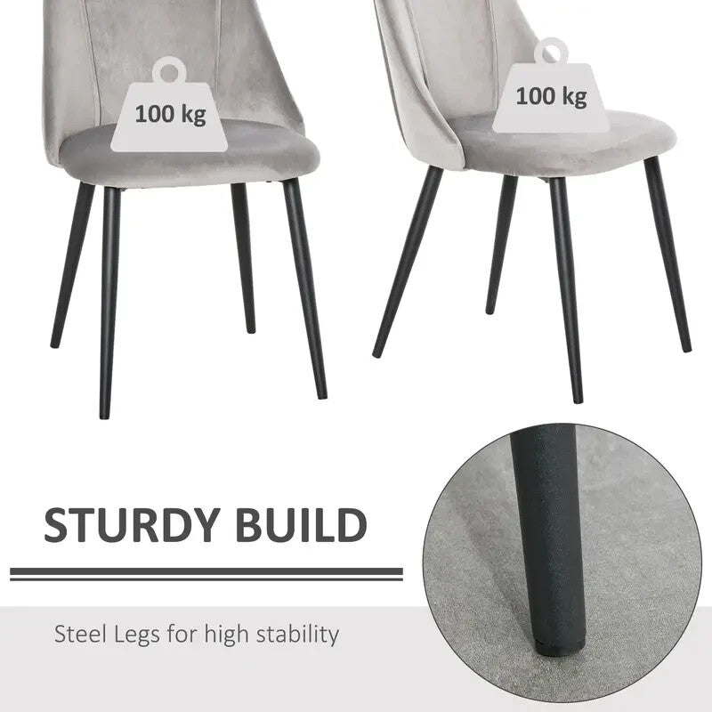 2x Grey Velvet Dining Chairs Set Metal Legs Padded Seat Kitchen Lounge