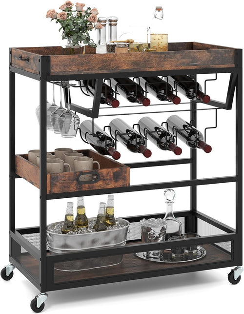 3 Tier Serving Trolley Bar Cart on Wheels with Wine Rack Glass Holder Tray