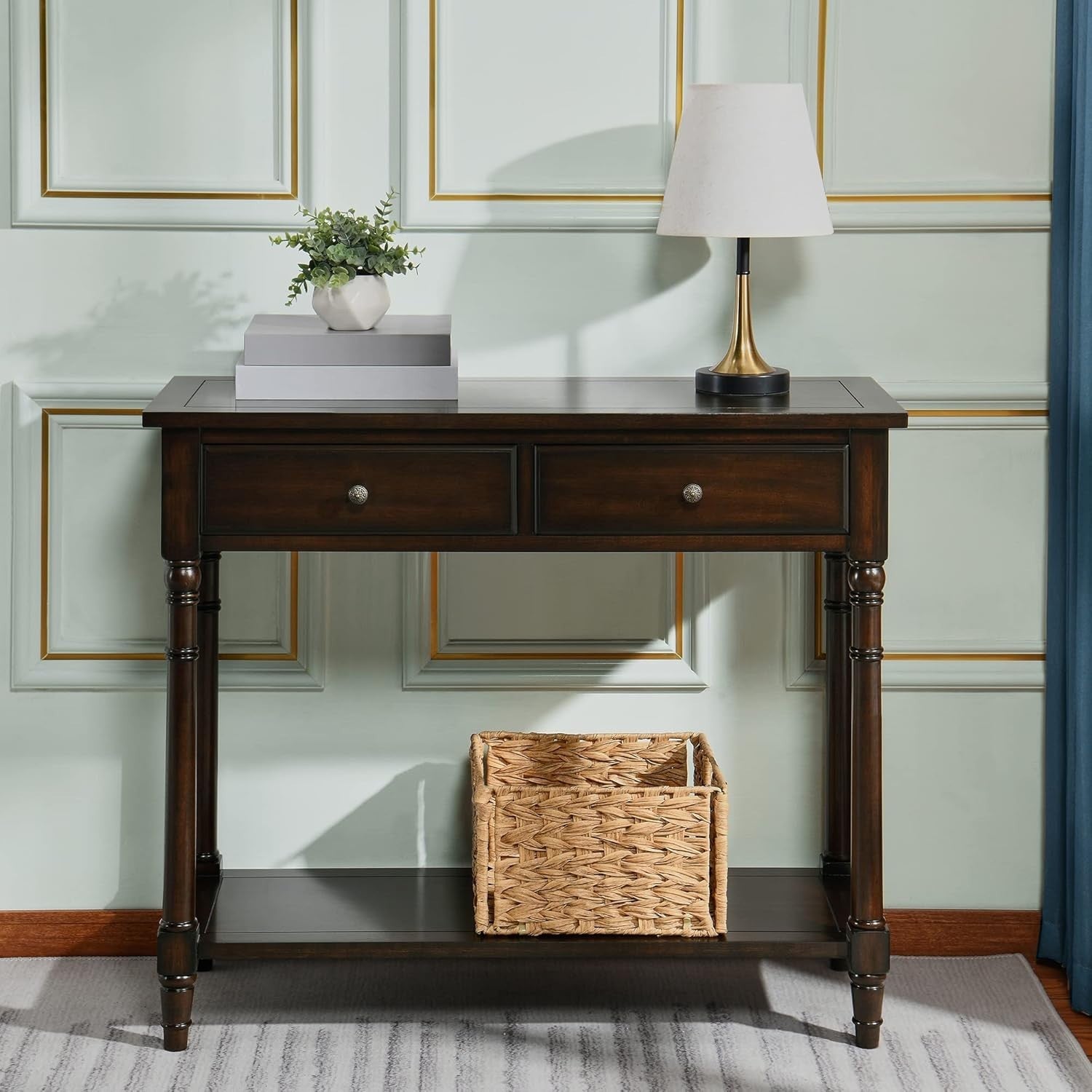 Wood Console Table with 2 Drawers & Shelf, 90x76.5cm, Stylish Walnut