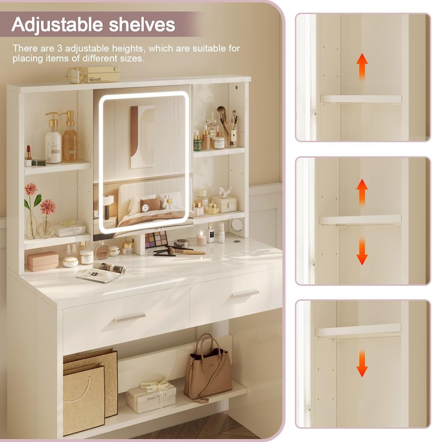 White Dressing Table Set with Lighted Mirror Desk Storage Drawers Modern Makeup