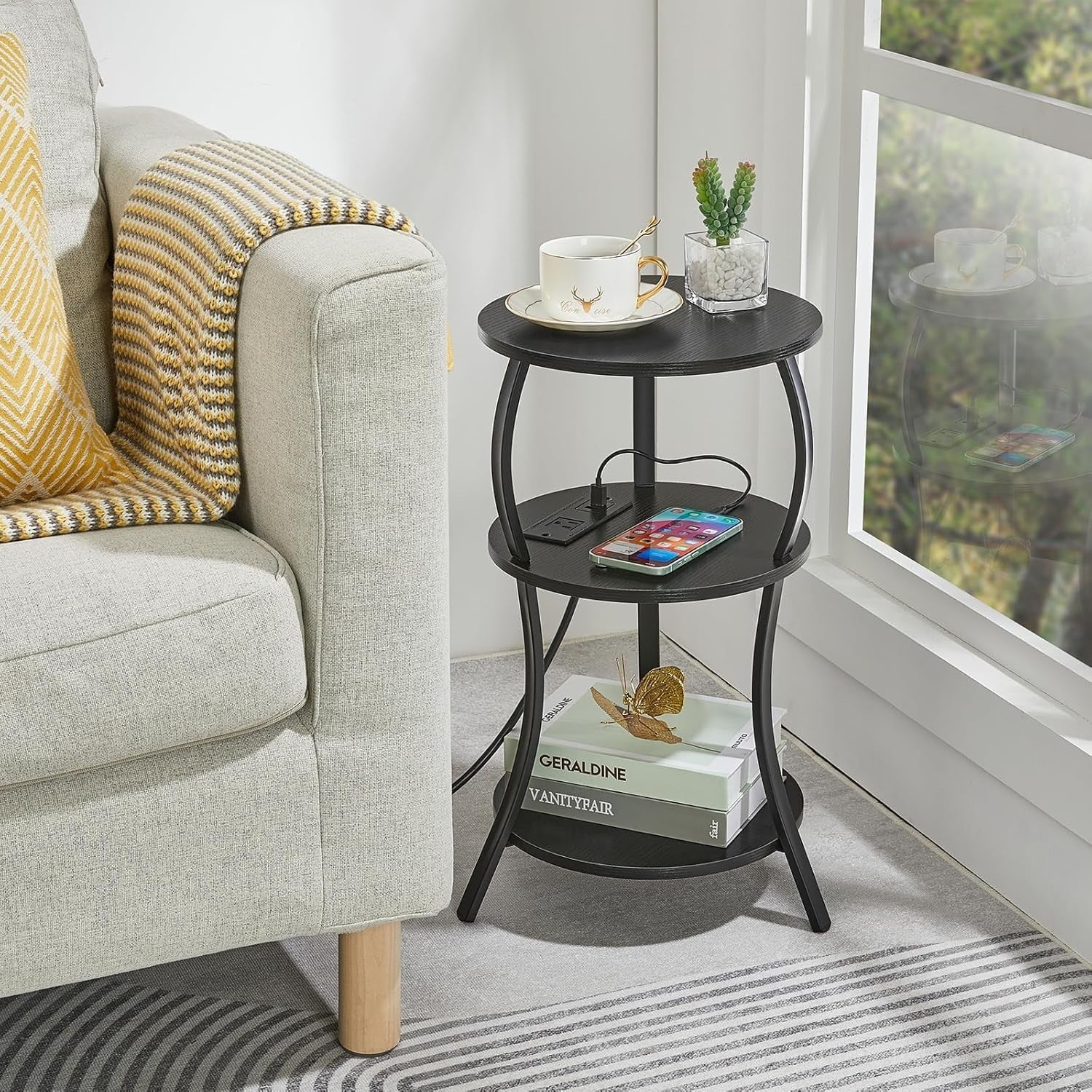 Black 3-Tier Round Side Table 30x30x55 cm | Slim End Table w/ USB & Storage