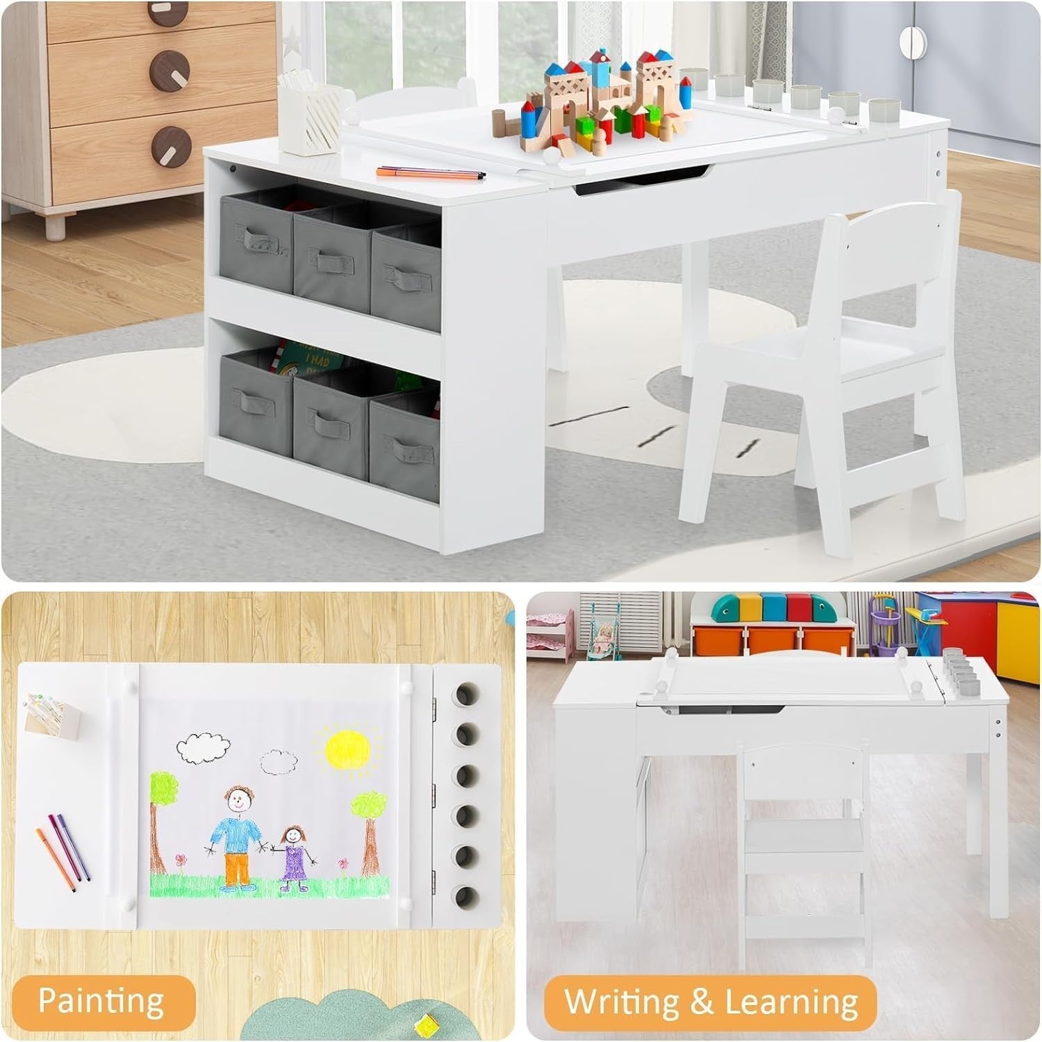 Kids 2-in-1 Art Table & Chair Set with Easel, Storage & Paper Roll, White
