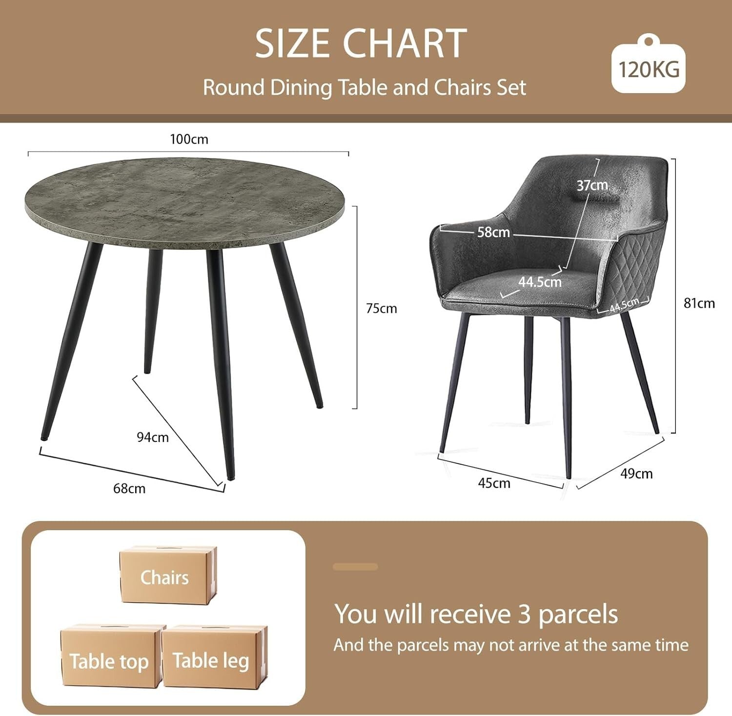Round Grey Marble Dining Table Set with 2 Grey Faux Suede Chairs Kitchen