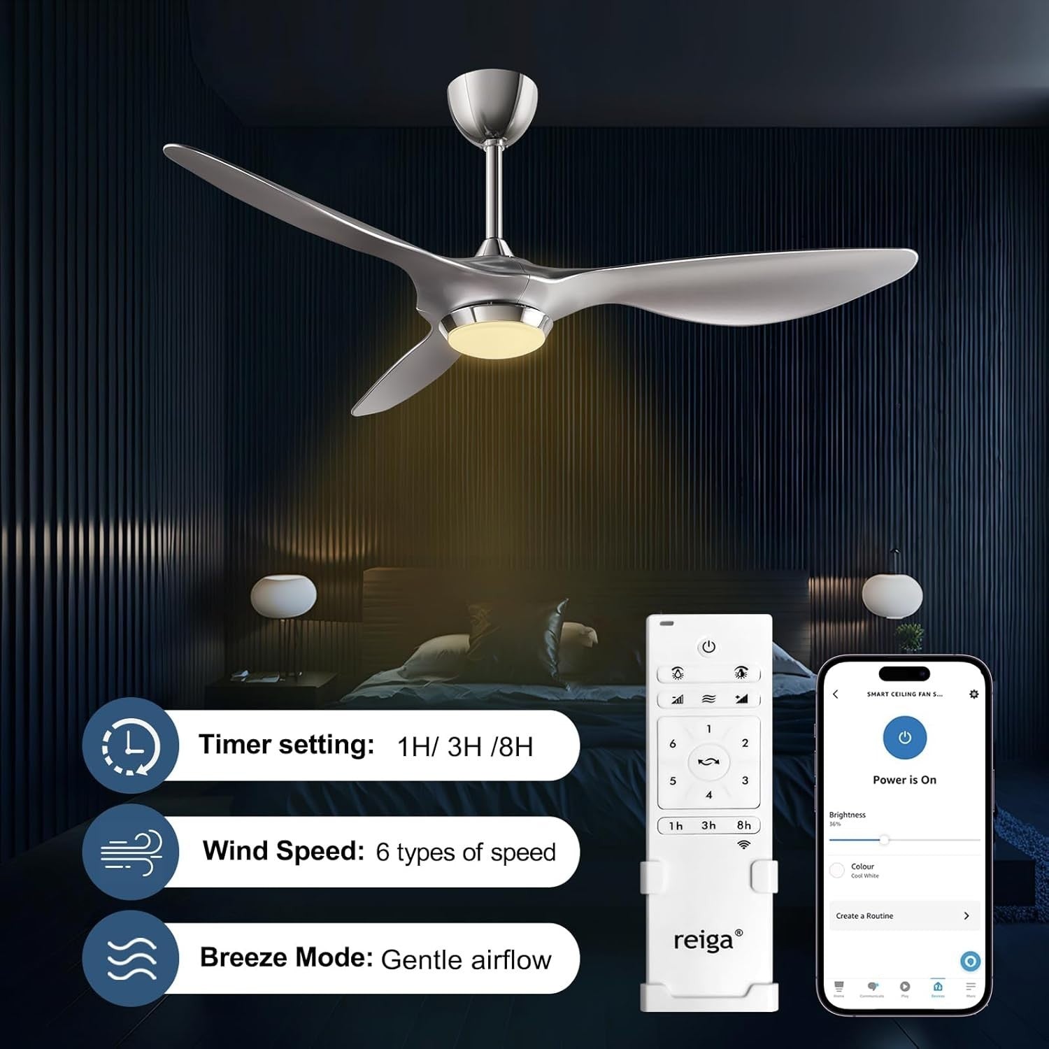 Reiga 132cm Smart Ceiling Fan Remote Silver Blades Dimmable LED