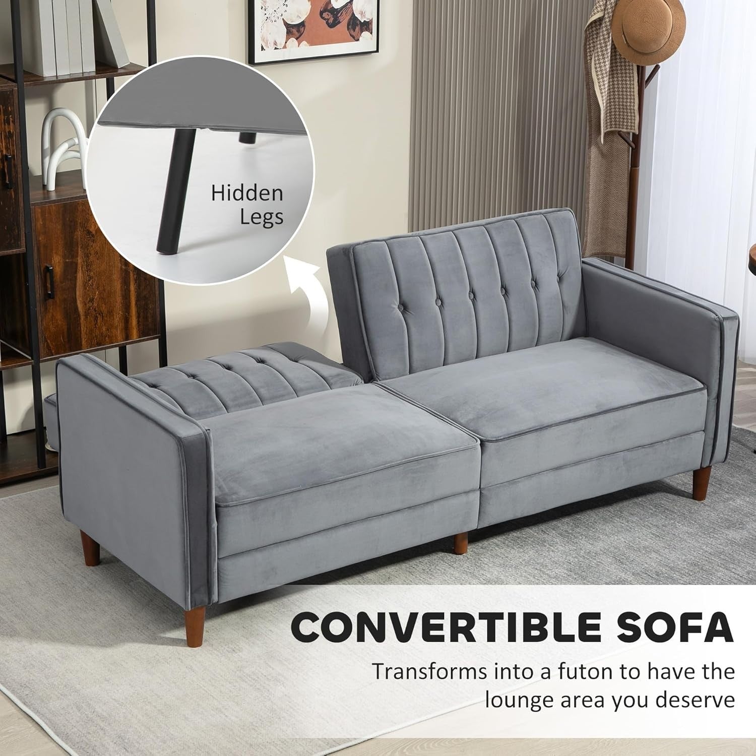 Dark Gray Velvet 3 Seater Sofa Bed Click Clack Recliner Couch Guest Sleeper