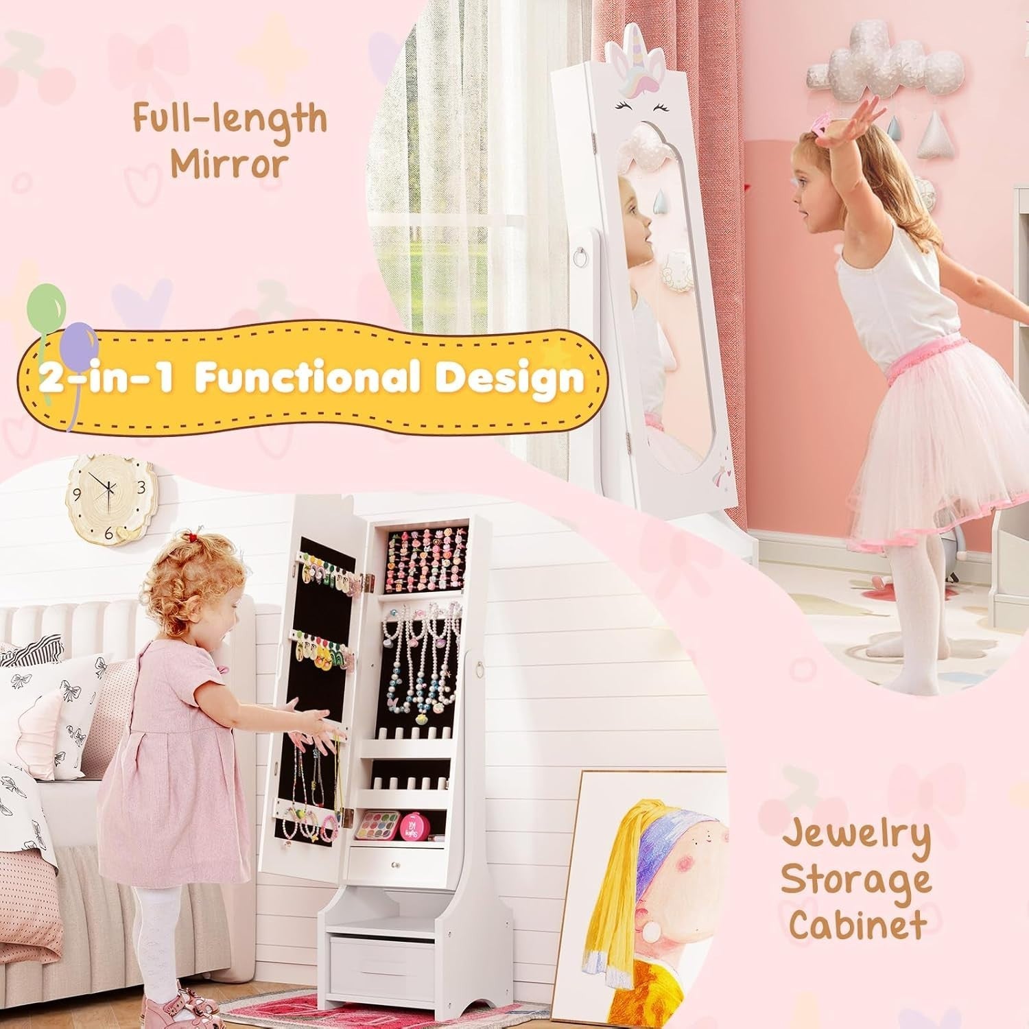 White Jewellery Cabinet Armoire Full Length Mirror Storage for Girls