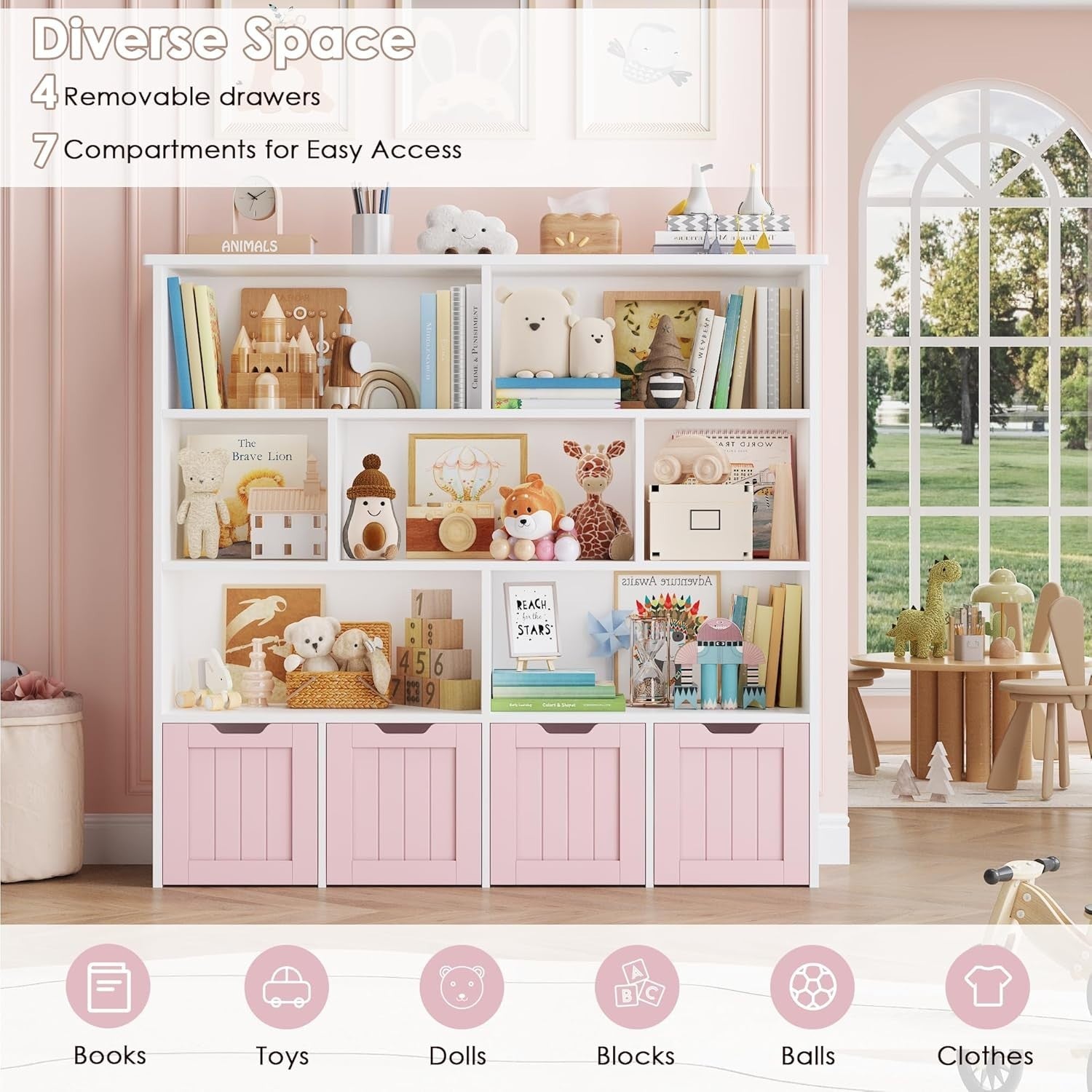 Kids Toy Storage Cabinet with Shelves 4 Drawers Nursery Playroom Organizer Pink