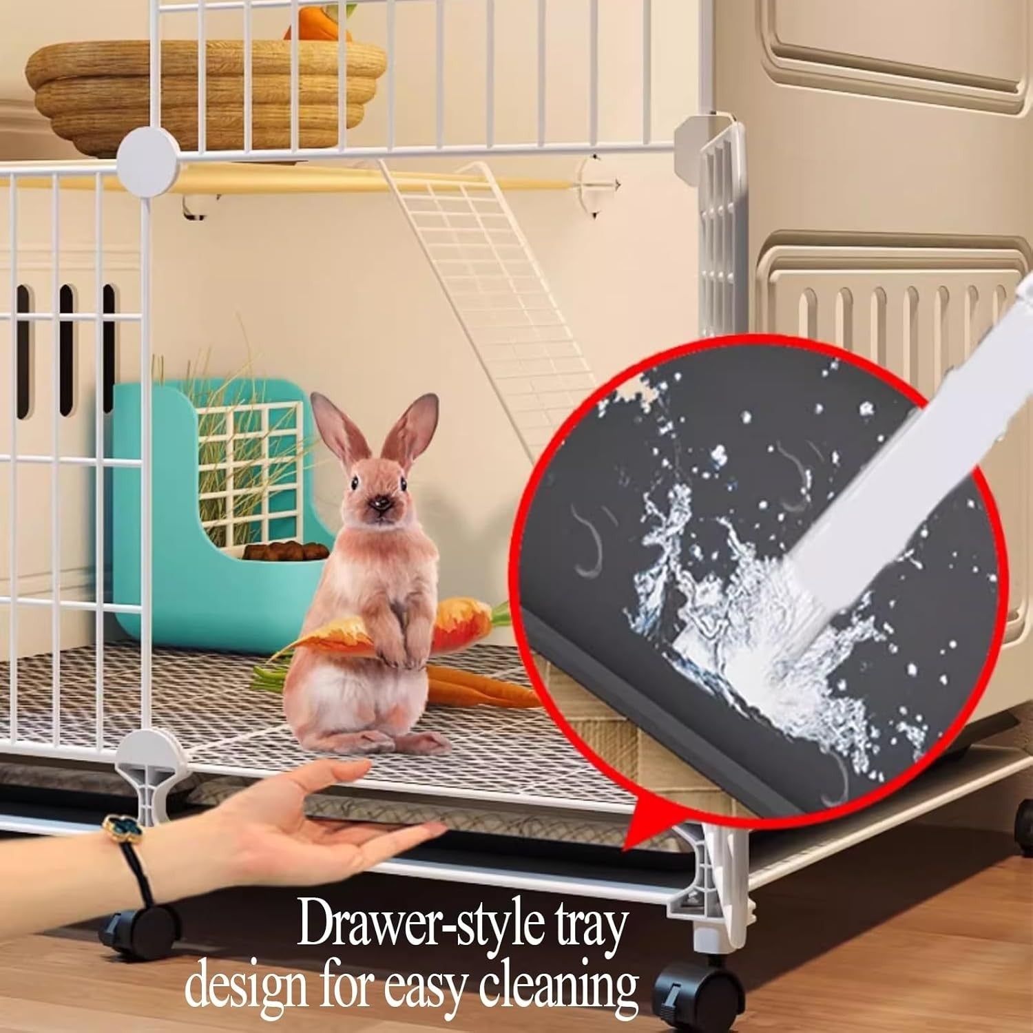 Indoor Rabbit Hutch Wheels 2 Tier Bunny Cage Easy Clean Run Tray