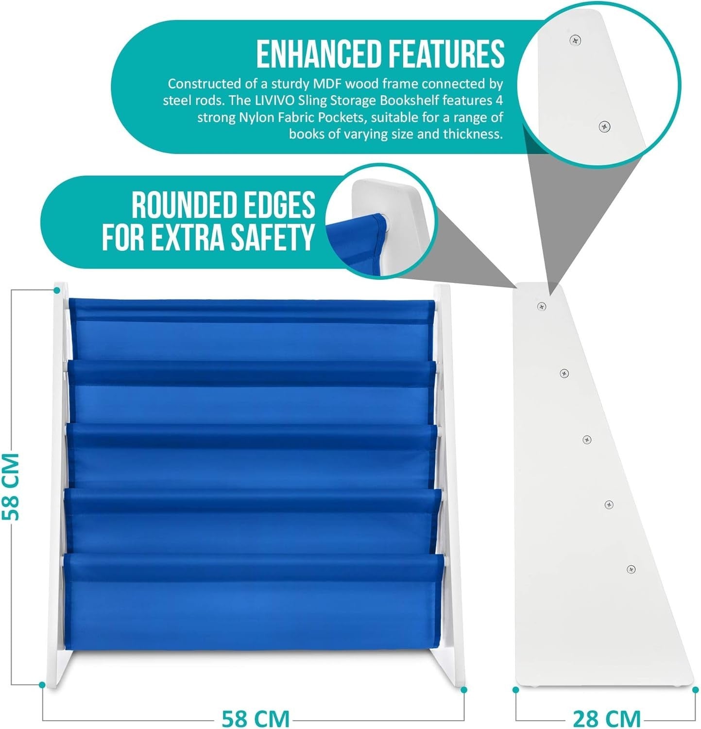 Kids Blue Sling Bookshelf – 4-Tier Wooden Book Storage with Nylon Fabric Shelves