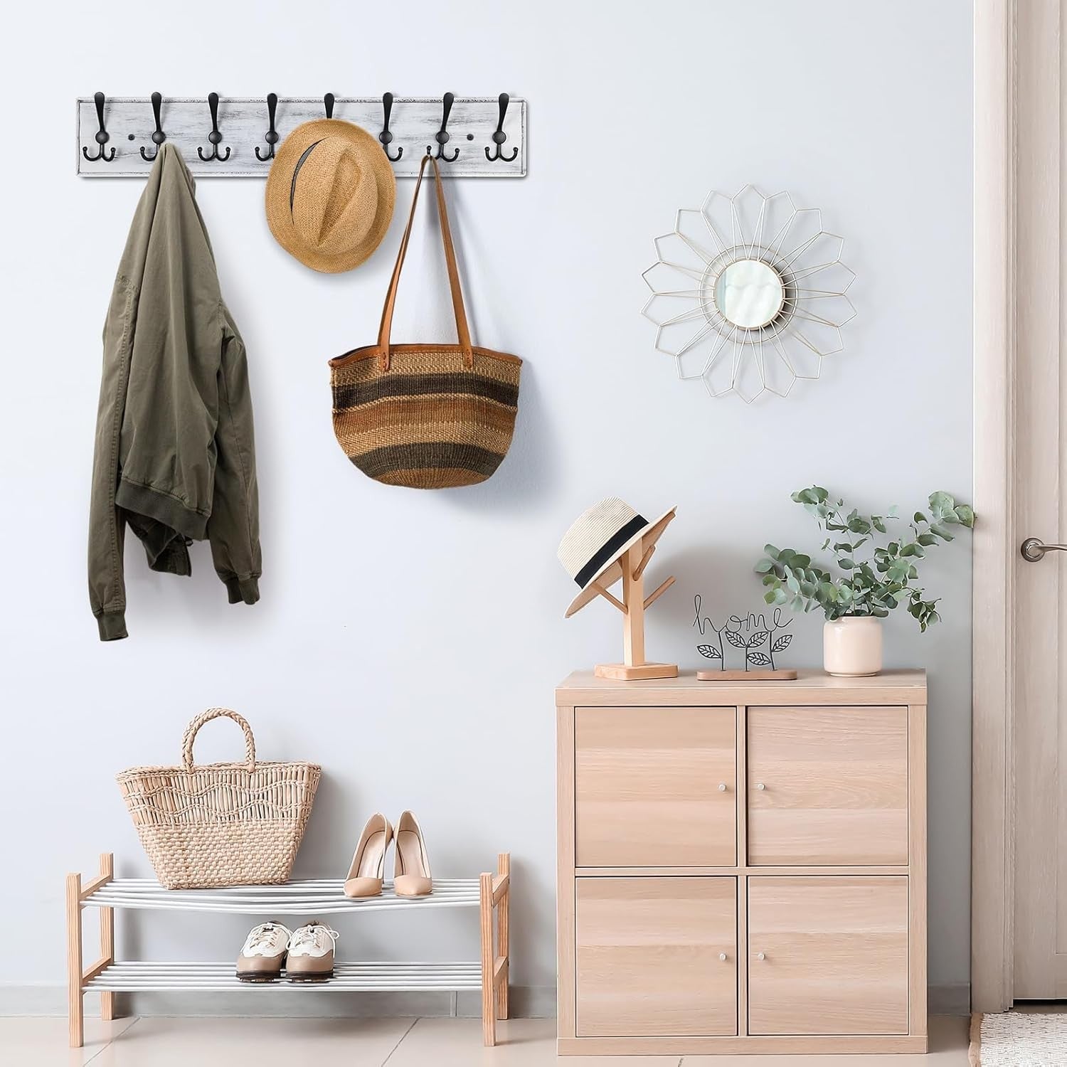 Grey Wooden Wall Mounted Coat Rack | 8 Hook Heavy Duty Hanger for Hallway