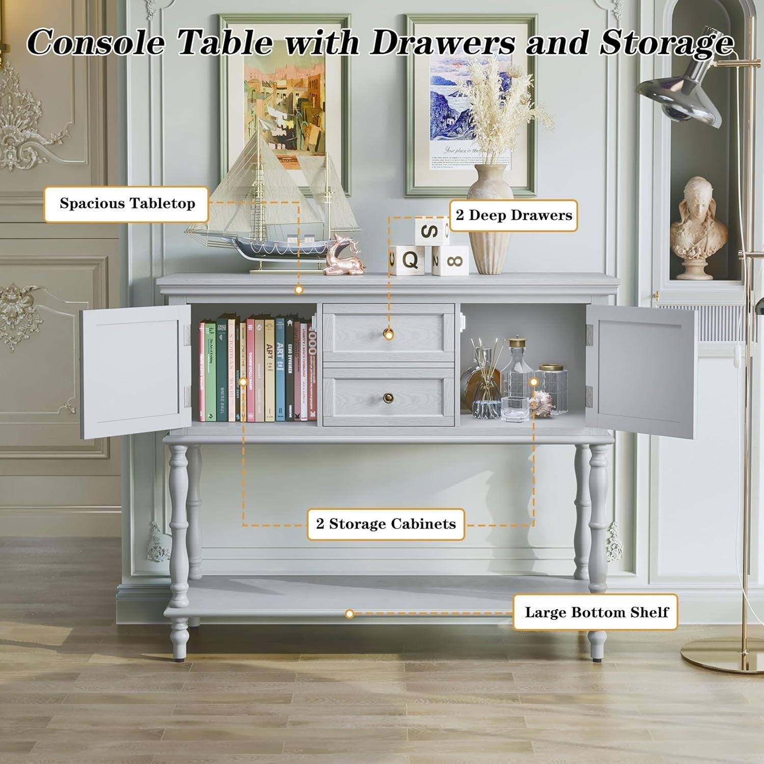 White Wooden Console Table with Drawers & Storage, Hallway Entryway, 35.5"D