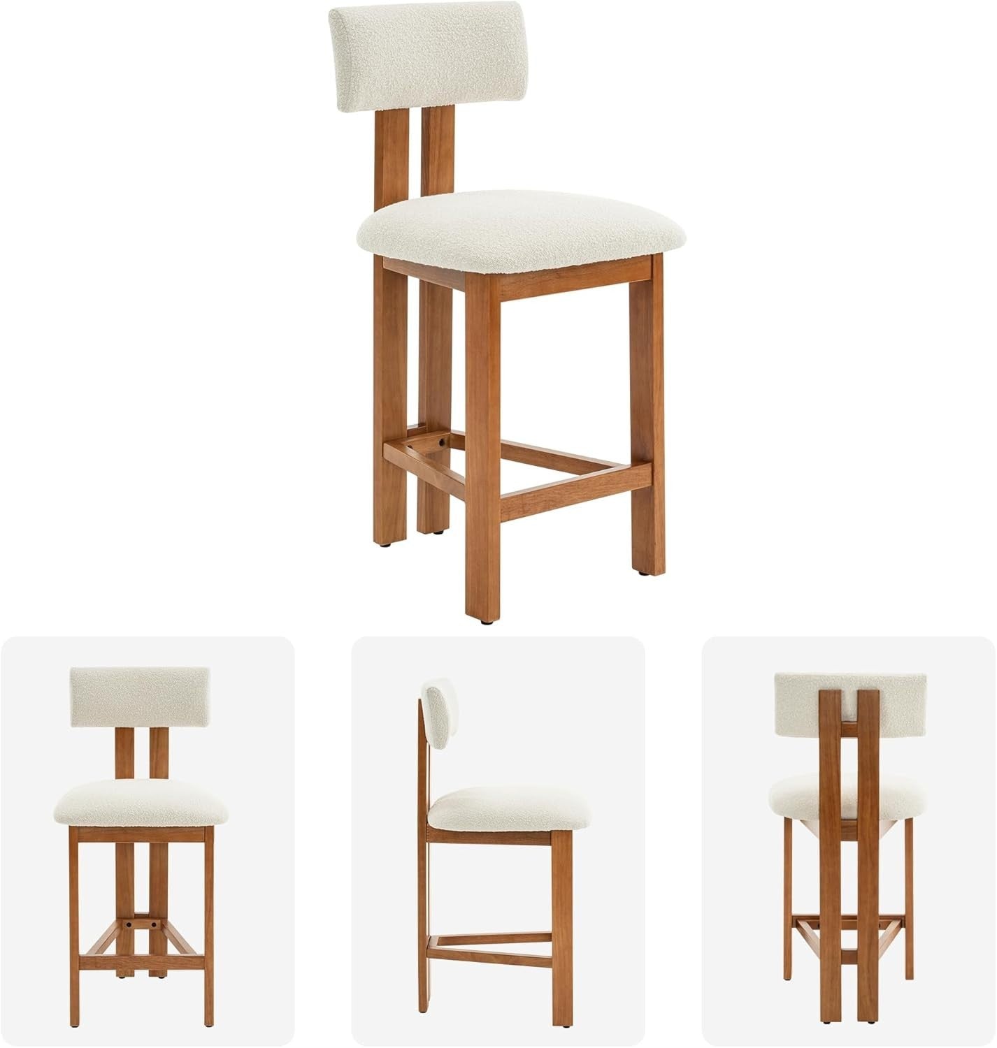 Retro Mid Century Bar Stools Set of 2 Cream Boucle Padded Kitchen Island