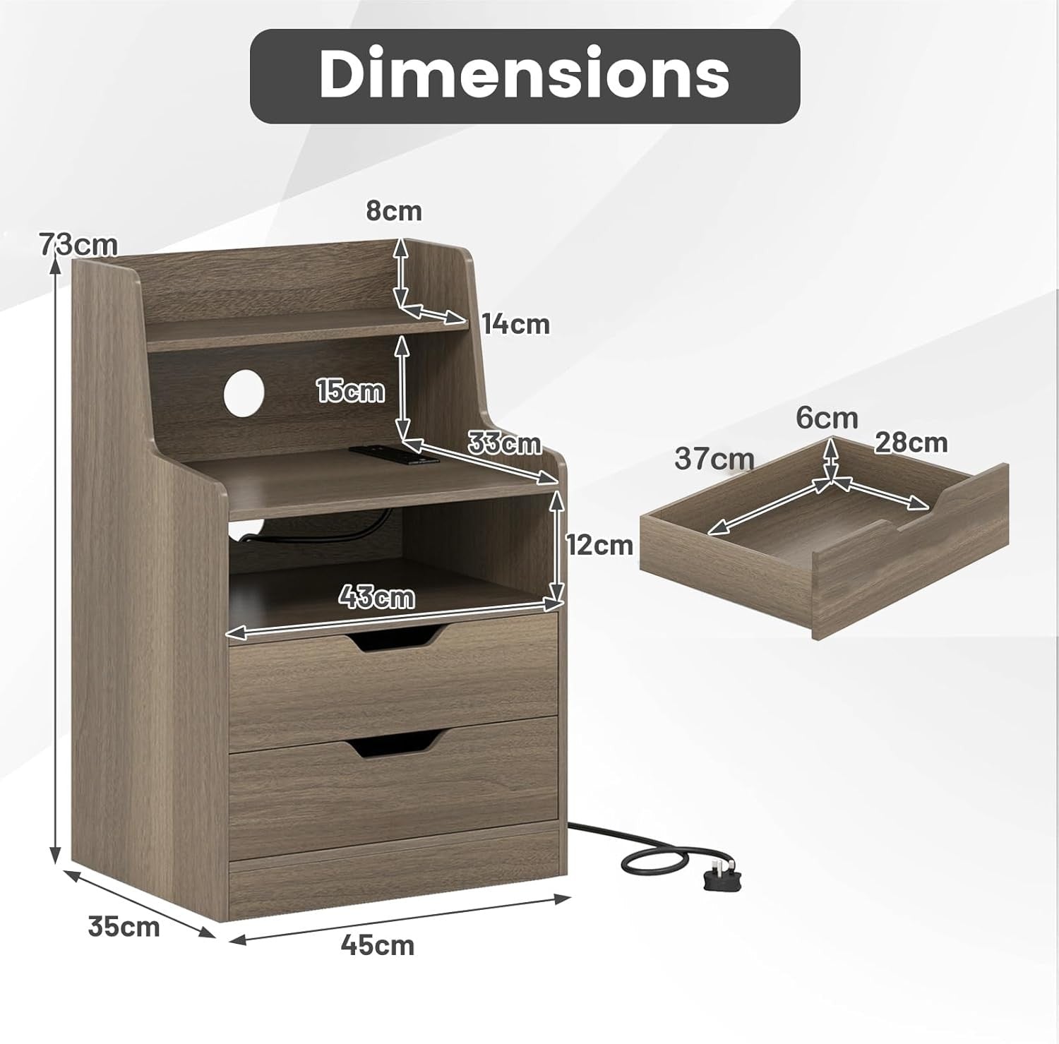 Grey LED Bedside Tables with Charging Station, Drawers & RGB Shelves (Set of 2)