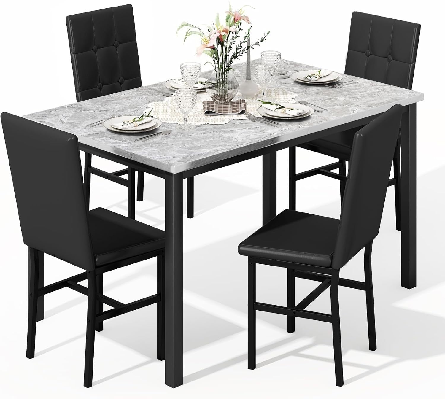 Faux Marble Dining Table & 4 Black PU Leather Chairs Set for Small Rooms