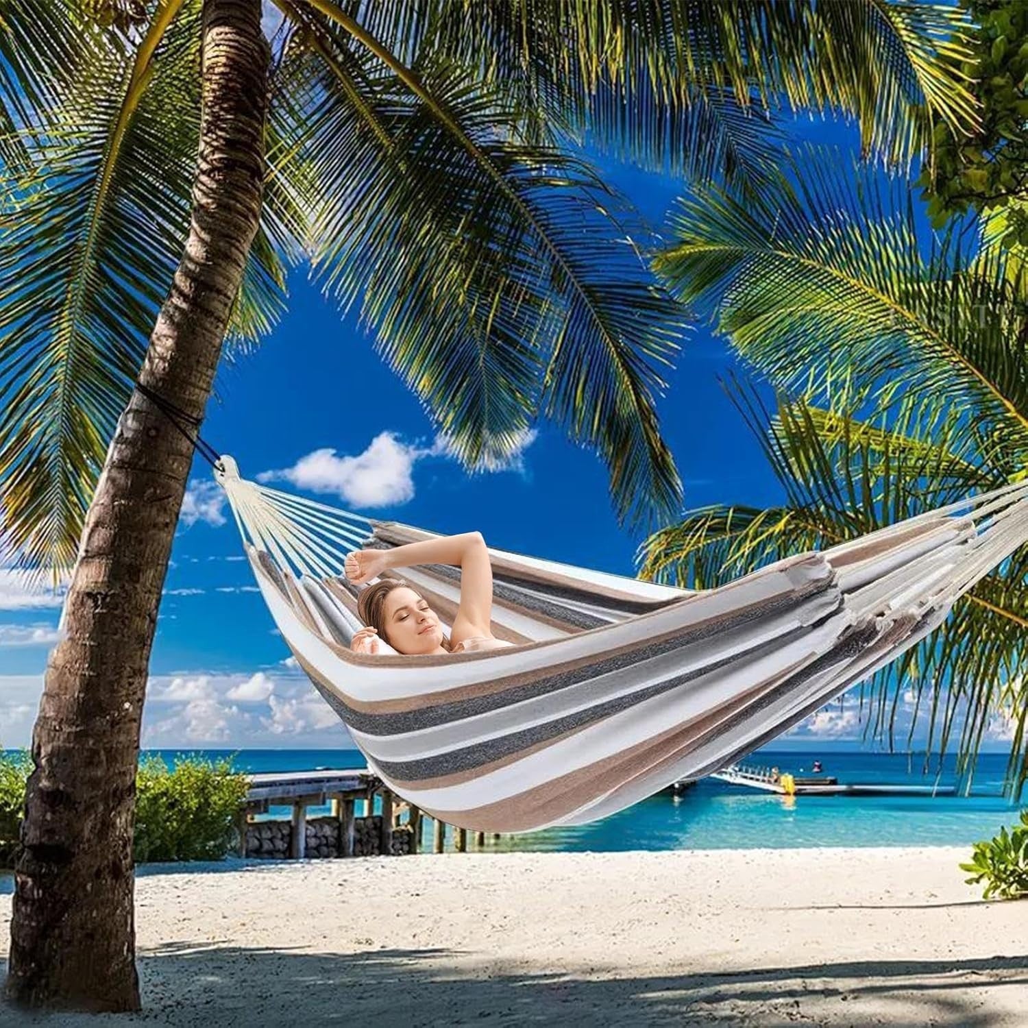 Spacious 2-Person Outdoor Hammock, Thick Striped Cotton-Poly, Garden & Beach