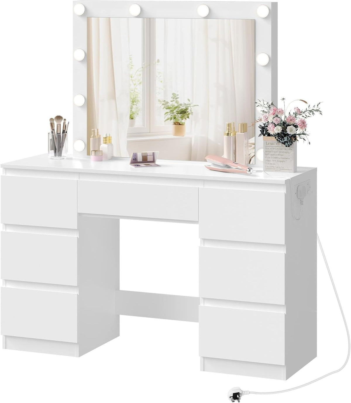 White Vanity Makeup Dressing Table w/ LED Mirror 7 Drawers Charging Station Desk