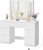 White Vanity Makeup Dressing Table w/ LED Mirror 7 Drawers Charging Station Desk