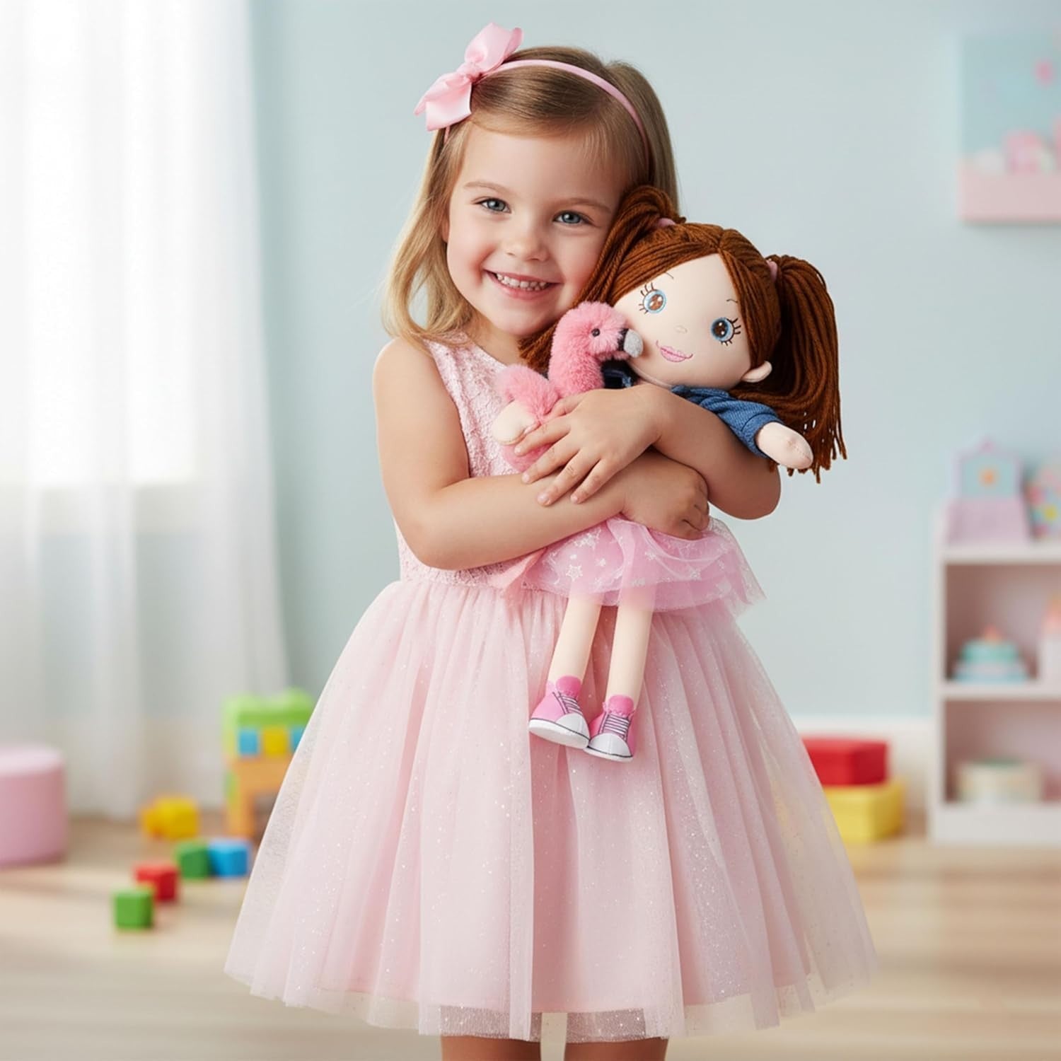 38cm Plush Doll with Lamb Companion Soft Cuddly Toy Blue Dress Gift Kids