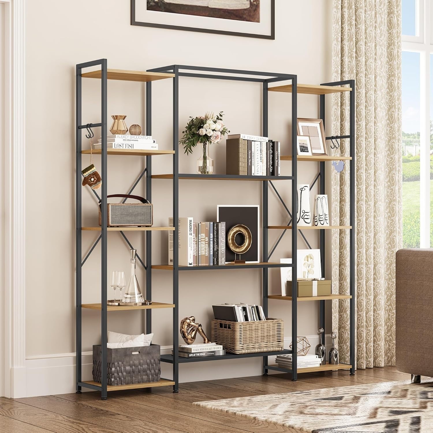 13 Shelf Industrial Bookcase Oak Metal & Wood Storage Display Rack