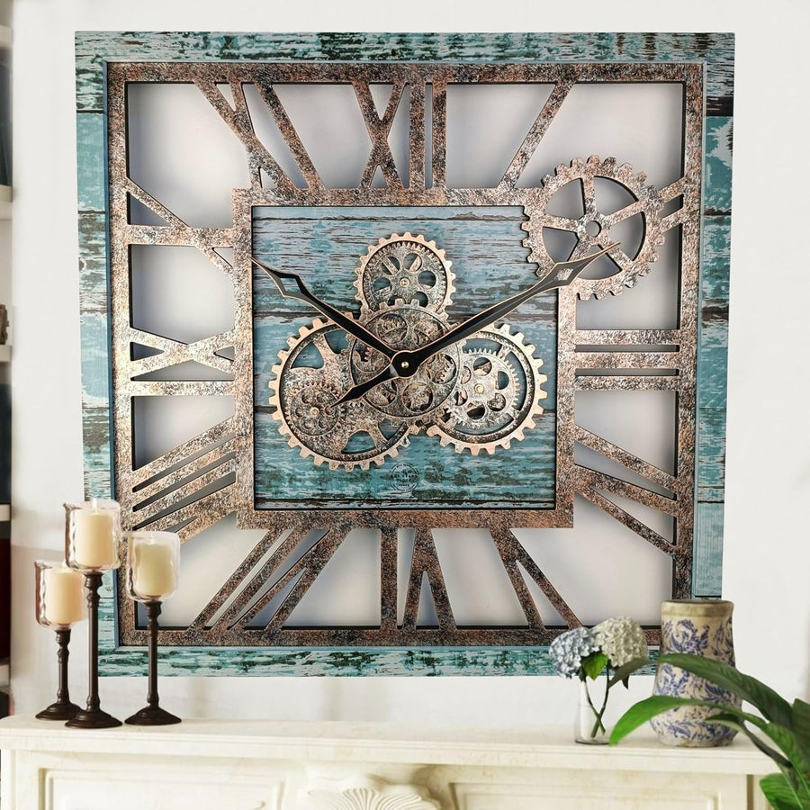 Oversized 24" Gear Wall Clock Square Aqua Green Vintage Industrial Decor