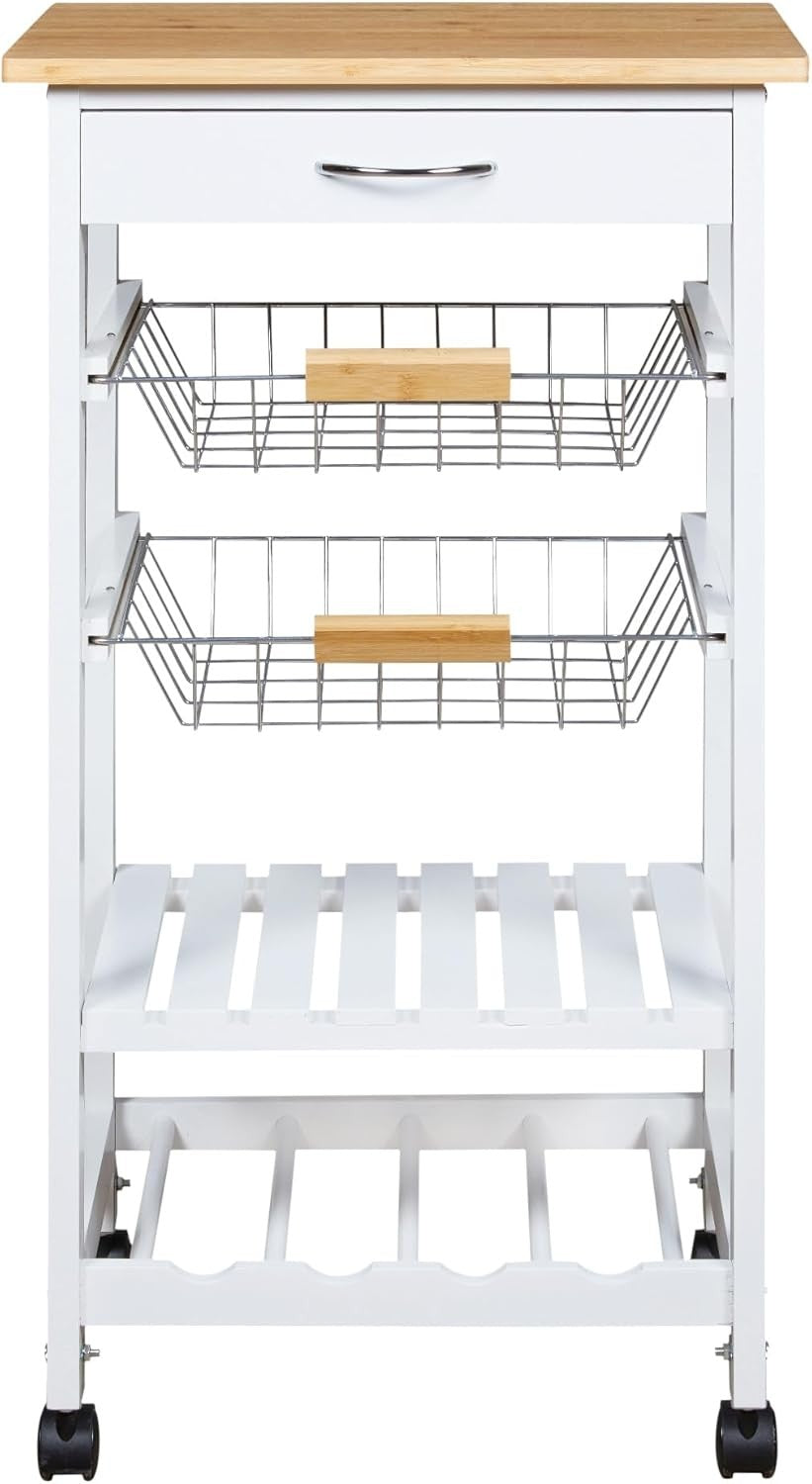 Kitchen Trolley on Wheels Storage Cart Wooden Top Drawer Metal Baskets