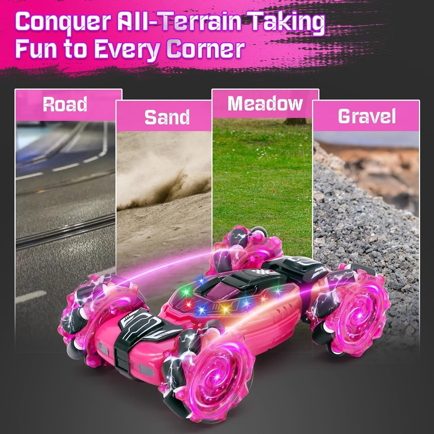 4WD RC Stunt Car 360° Flip – Pink LED Remote Toy for Kids 6–12
