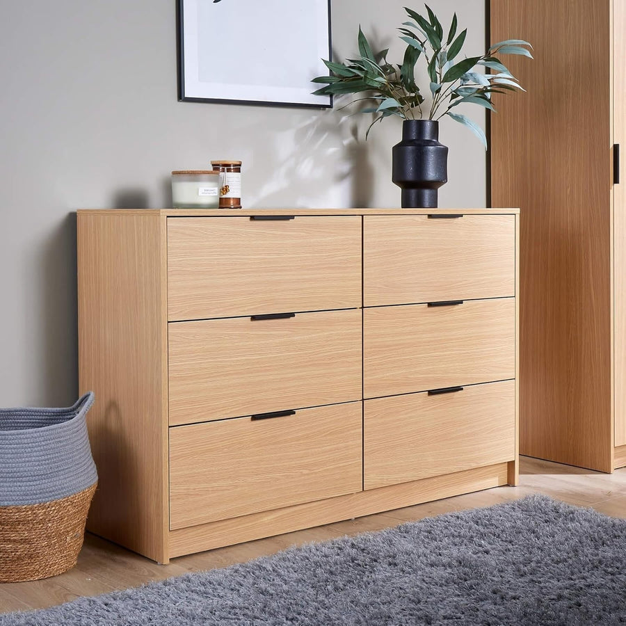 Oak 6 Drawer Chest of Drawers Storage Cabinet Wide Modern Bedroom Unit
