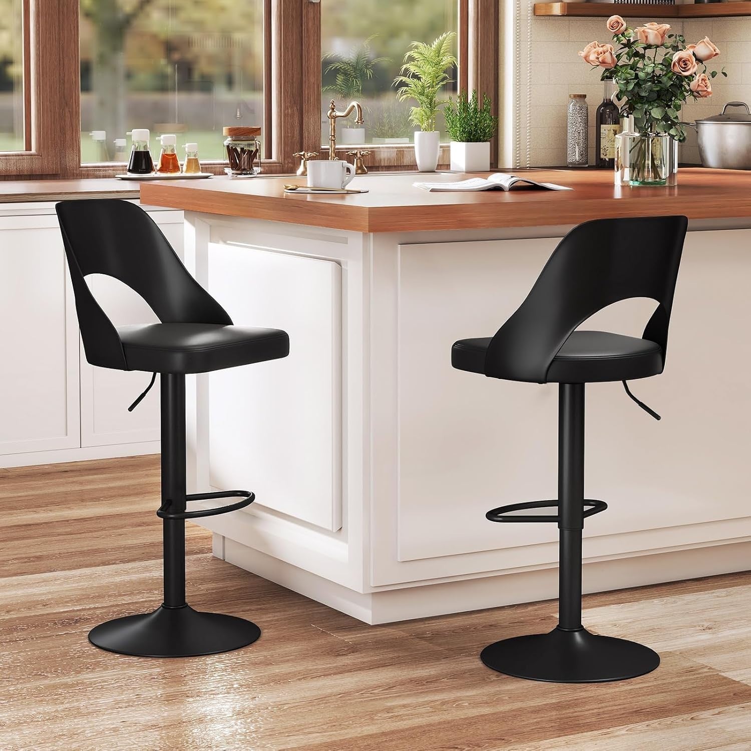 Set of 2 Adjustable Black PU Leather Swivel Bar Stools for Kitchen Counter