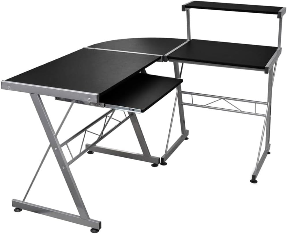 Black L-Shaped Corner Desk with Shelves & Keyboard Tray for Home Office