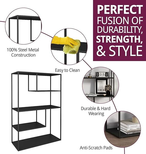 Tall Black Metal Display Shelf – 4-Tier Large Storage Unit for Living Room
