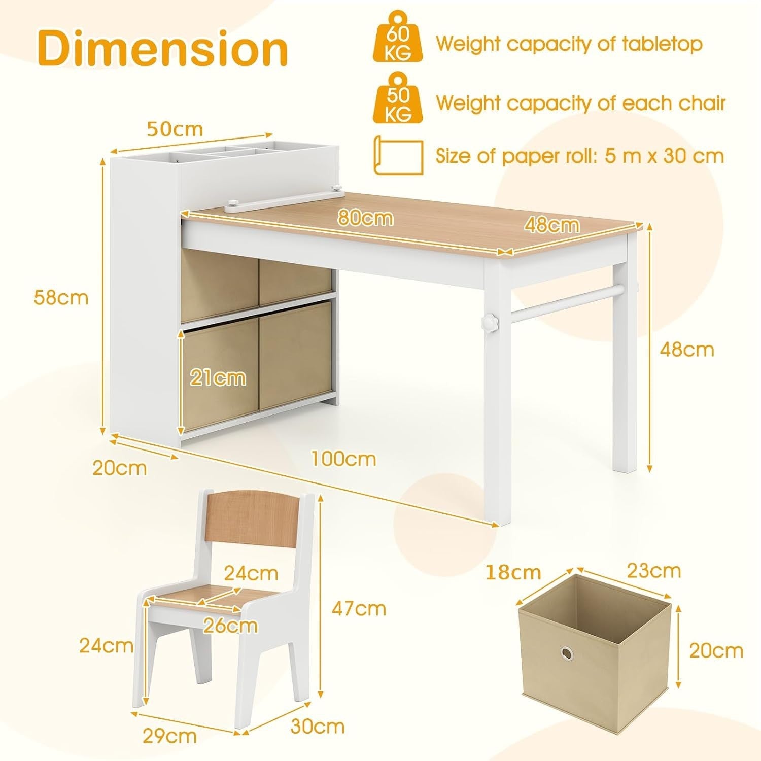 Kids Wooden Table and Chairs Set w/ Paper Roll Storage Bins Shelves Art Desk