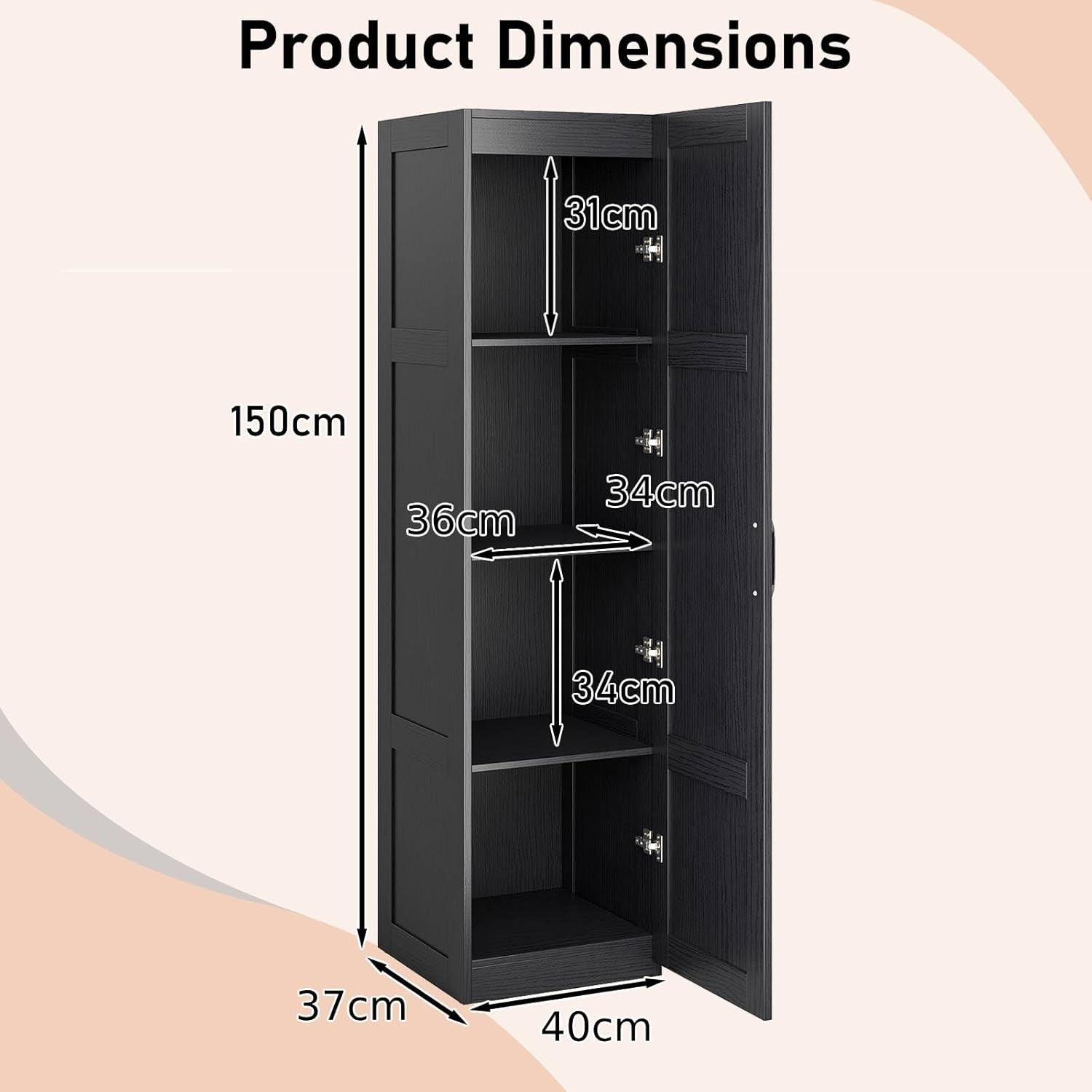 Tall Black Kitchen Cupboard 4 Tier Wooden Storage Cabinet Organizer Unit