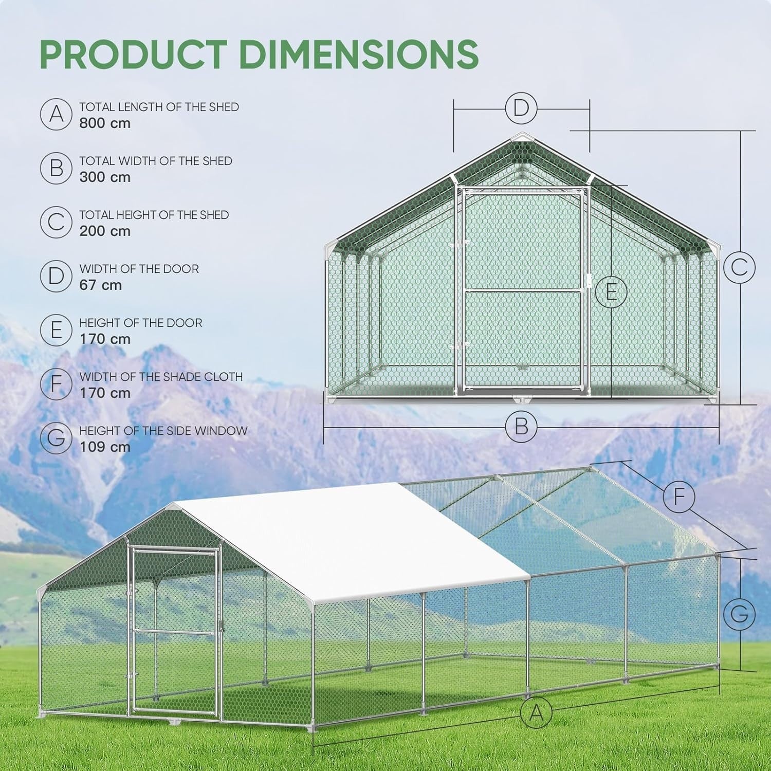 3x8x2m Walk In Chicken Run Galvanised Steel Coop