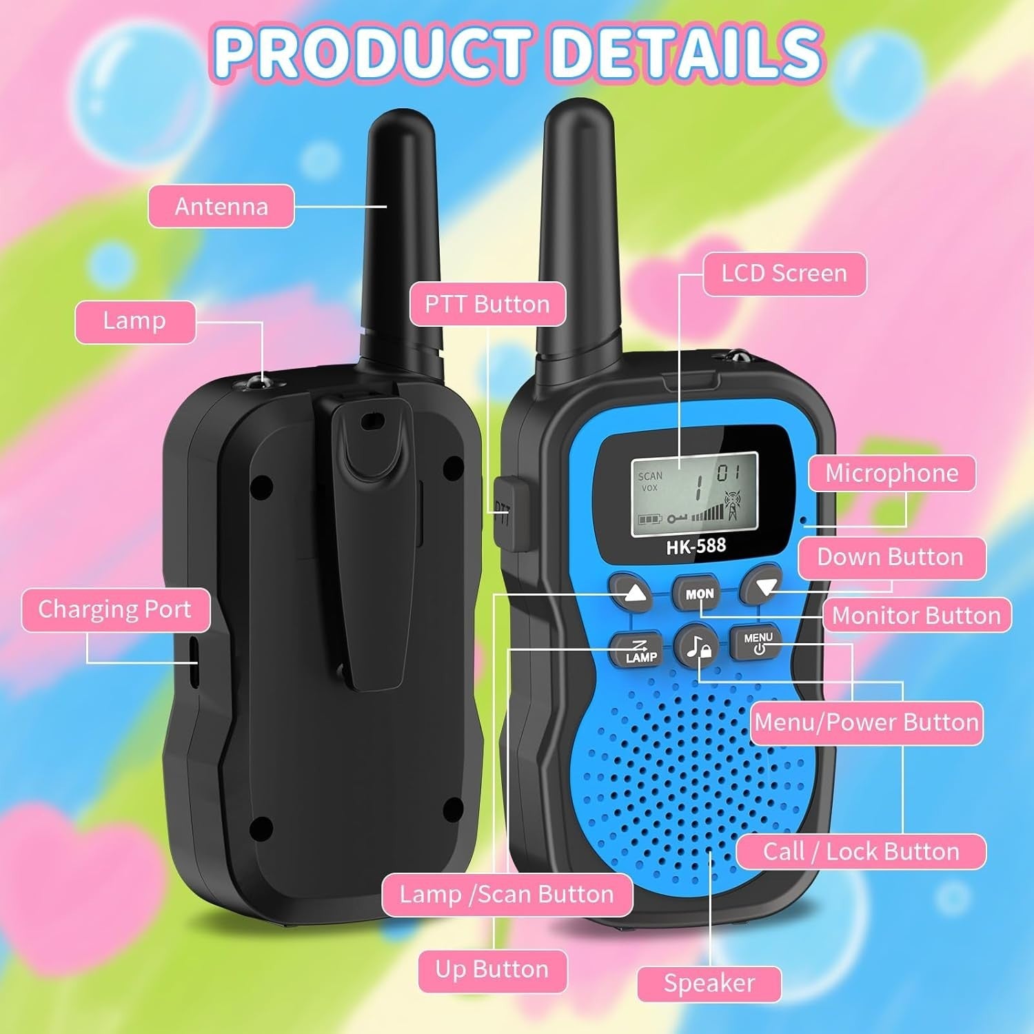 Kids Rechargeable Walkie Talkies 3 Pack 3KM Range 22CH LED Flashlight