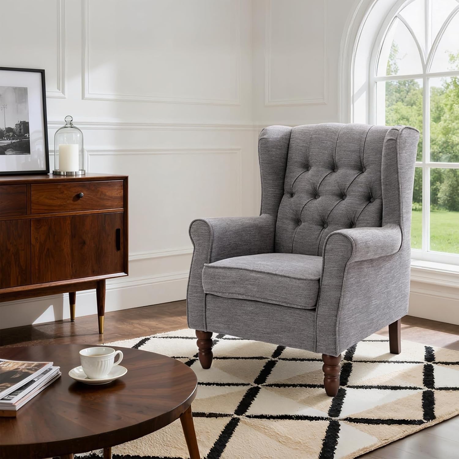 Grey Wingback Accent Armchair Button Tufted Fabric Lounge Chair