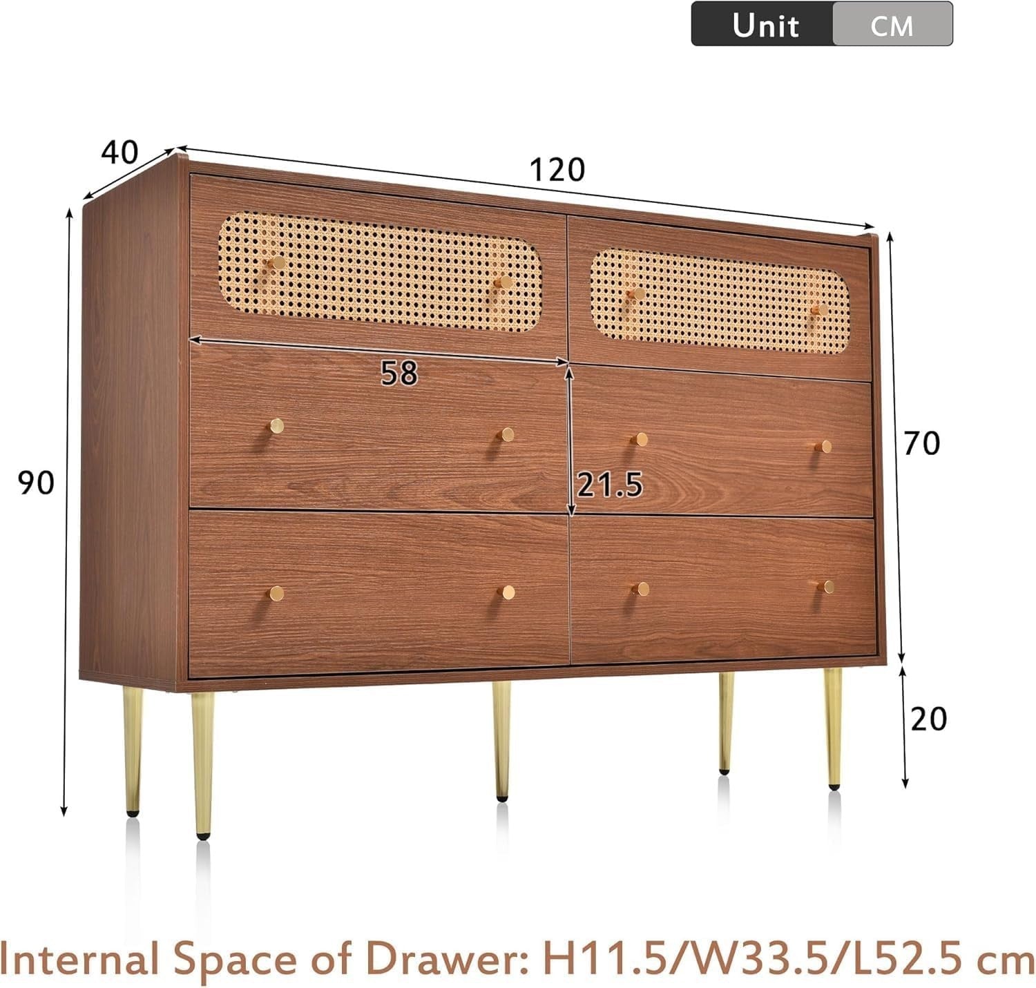 Rattan Sideboard Cabinet 6 Drawer Storage Unit Walnut for Living Room